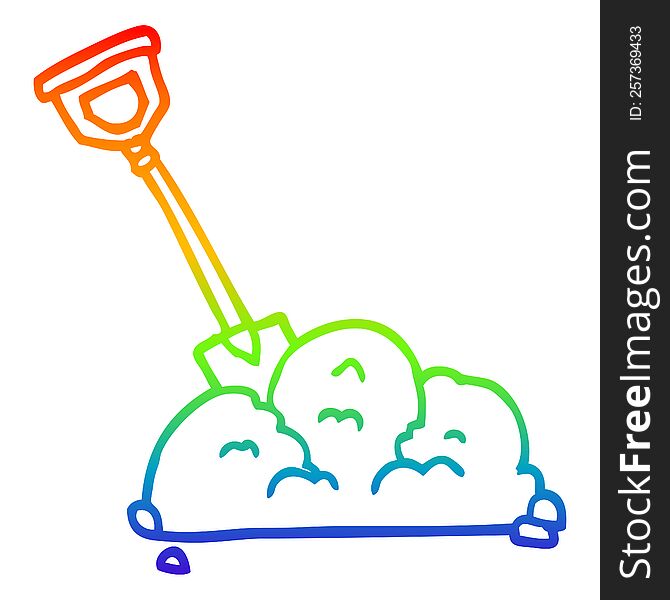 rainbow gradient line drawing of a cartoon spade in garbage