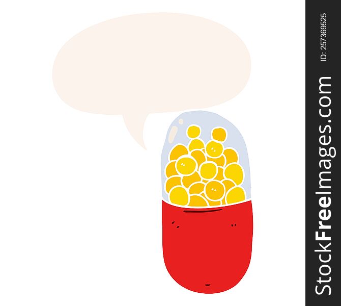 Cartoon Pill And Speech Bubble In Retro Style