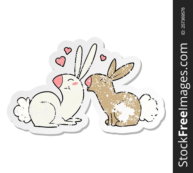 distressed sticker of a cartoon rabbits in love