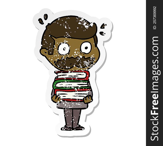 distressed sticker of a cartoon man with mustache and books