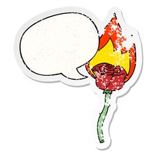 Cartoon Flaming Rose And Speech Bubble Distressed Sticker Stock Photo