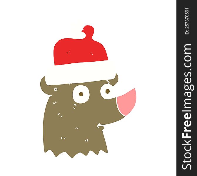 Flat Color Illustration Of A Cartoon Bear Wearing Christmas Hat