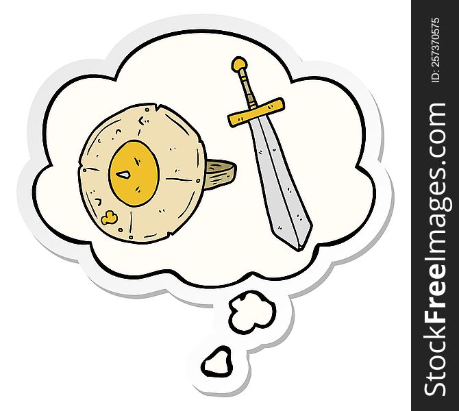 cartoon shield and sword with thought bubble as a printed sticker