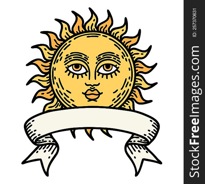 Tattoo With Banner Of A Sun With Face