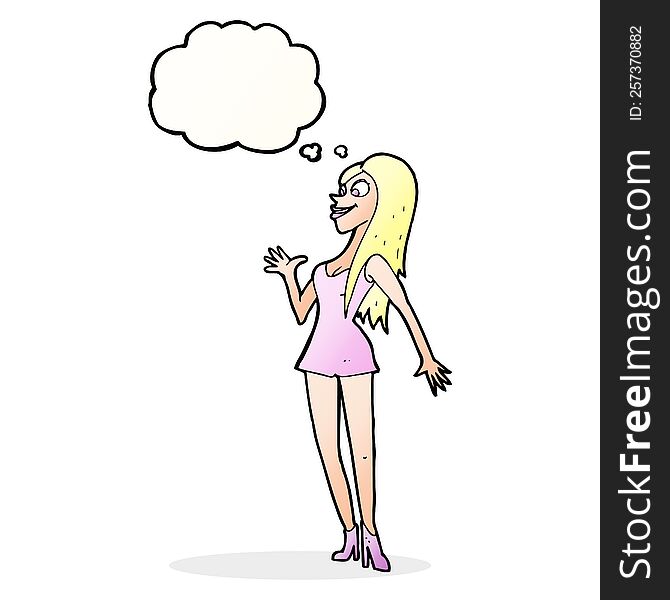 cartoon woman in pink dress with thought bubble