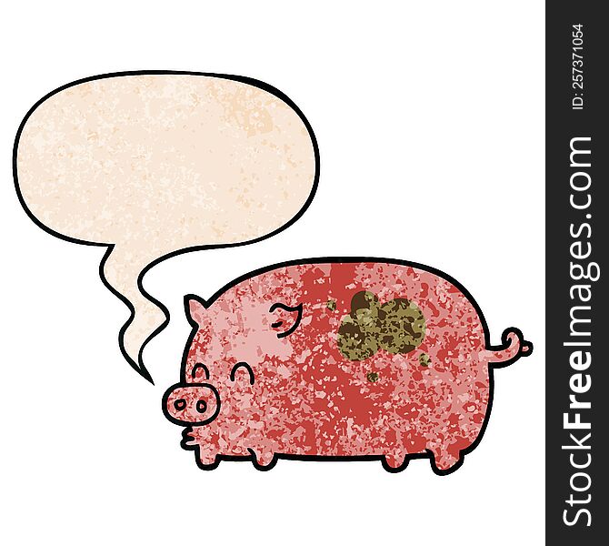 Cute Cartoon Pig And Speech Bubble In Retro Texture Style