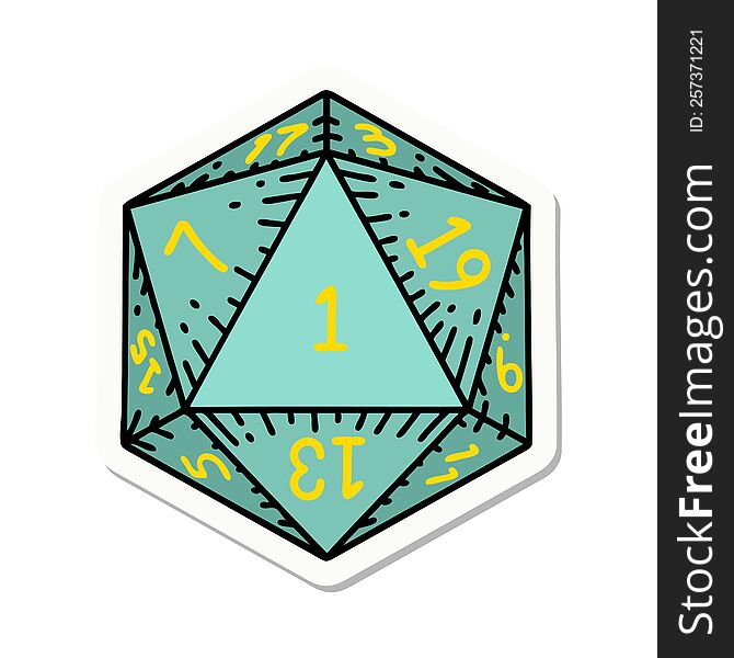 sticker of a natural 1 D20 dice roll. sticker of a natural 1 D20 dice roll