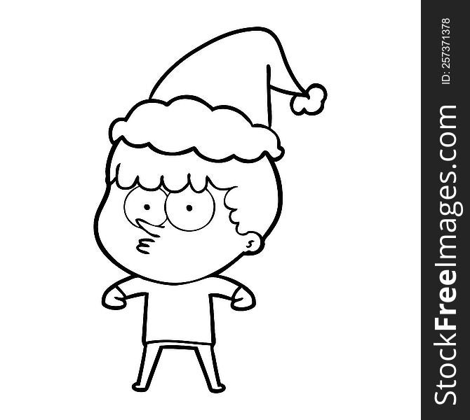 hand drawn line drawing of a curious boy wearing santa hat