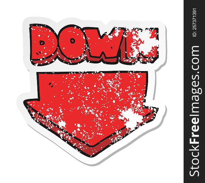 retro distressed sticker of a cartoon down arrow symbol