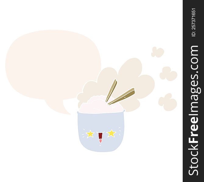 cute cartoon hot rice bowl with speech bubble in retro style