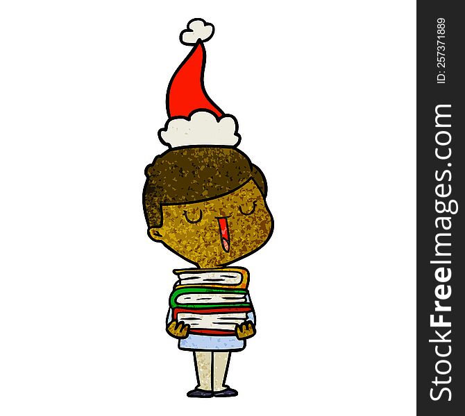 hand drawn textured cartoon of a happy boy with stack of books wearing santa hat