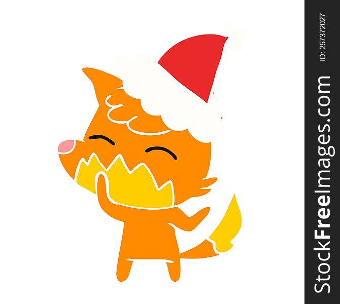 hand drawn flat color illustration of a fox wearing santa hat