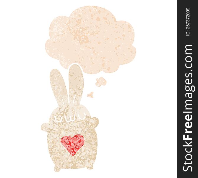 Cute Cartoon Rabbit With Love Heart And Thought Bubble In Retro Textured Style