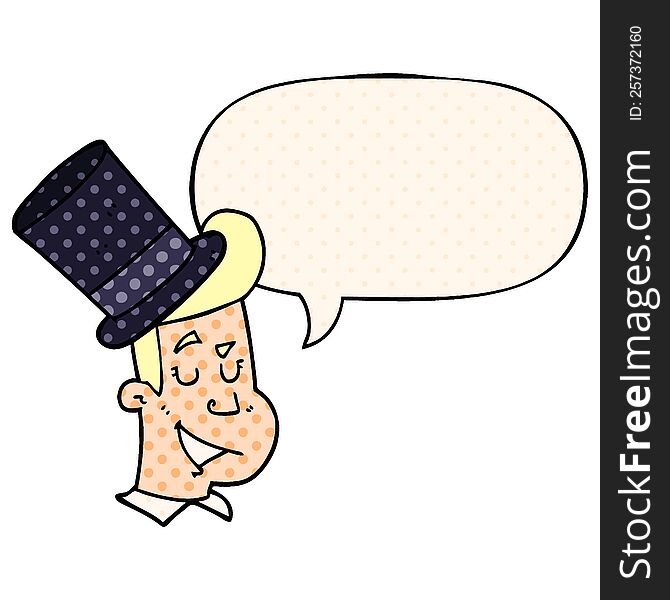 cartoon man wearing top hat with speech bubble in comic book style
