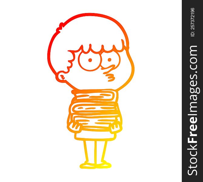 warm gradient line drawing cartoon curious boy with lots of books