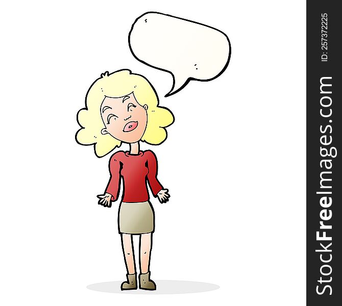 cartoon woman shrugging shoulders with speech bubble