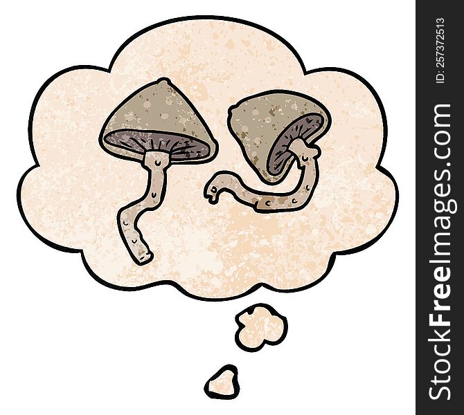 Cartoon Mushrooms And Thought Bubble In Grunge Texture Pattern Style