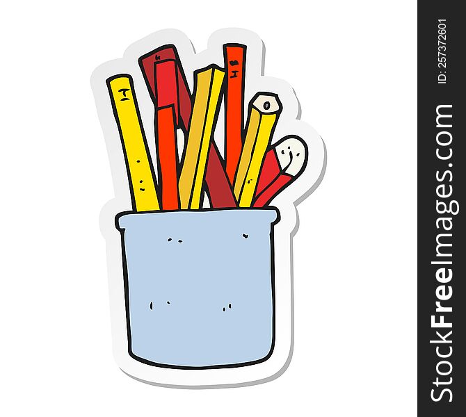 sticker of a cartoon desk pot of pencils and pens