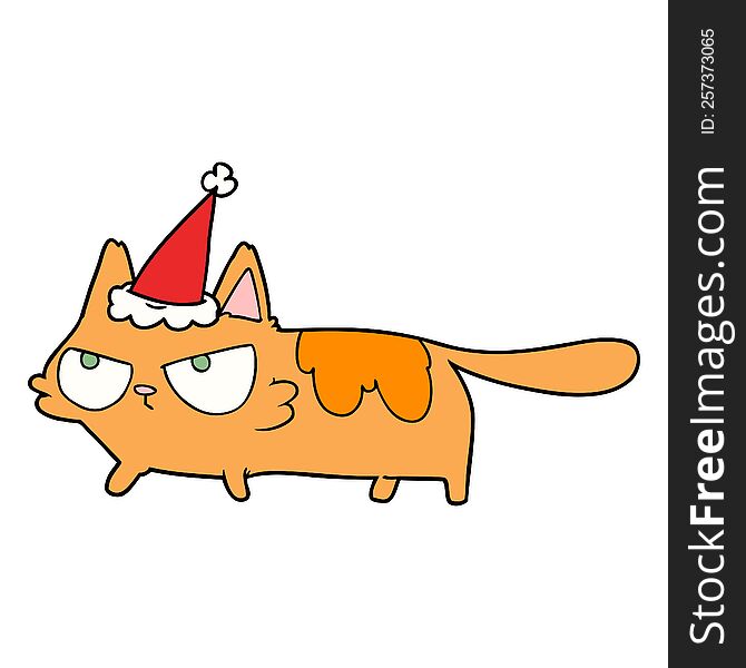 Line Drawing Of A Angry Cat Wearing Santa Hat