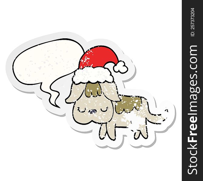 cute christmas dog with speech bubble distressed distressed old sticker. cute christmas dog with speech bubble distressed distressed old sticker