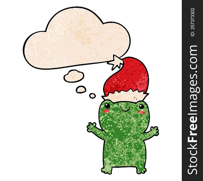 Cute Christmas Frog And Thought Bubble In Grunge Texture Pattern Style