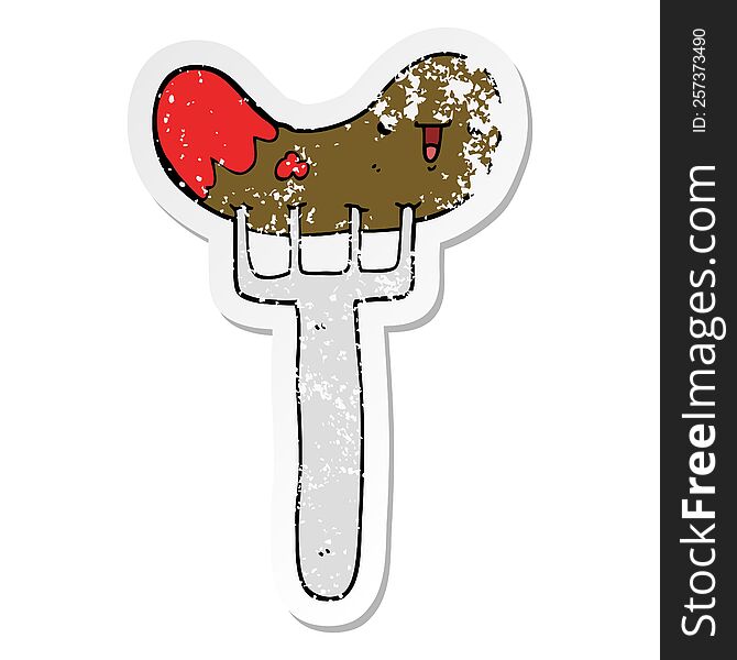 Distressed Sticker Of A Cartoon Sausage And Fork