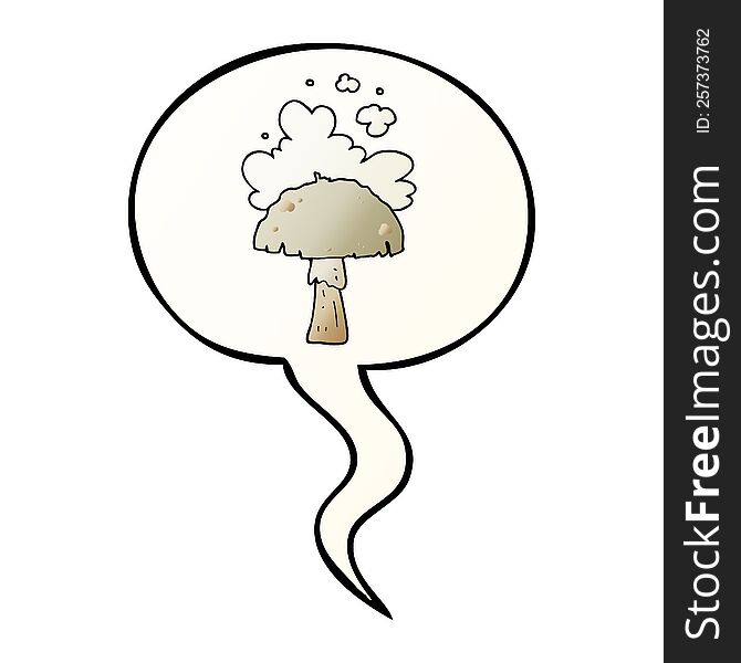 cartoon mushroom with spore cloud with speech bubble in smooth gradient style. cartoon mushroom with spore cloud with speech bubble in smooth gradient style