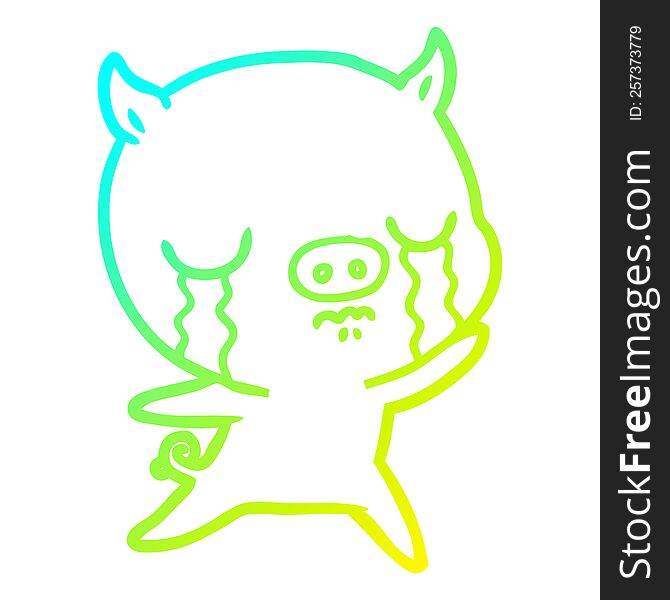 Cold Gradient Line Drawing Cartoon Pig Crying