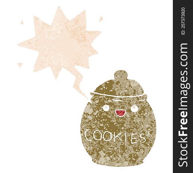 cute cartoon cookie jar and speech bubble in retro textured style