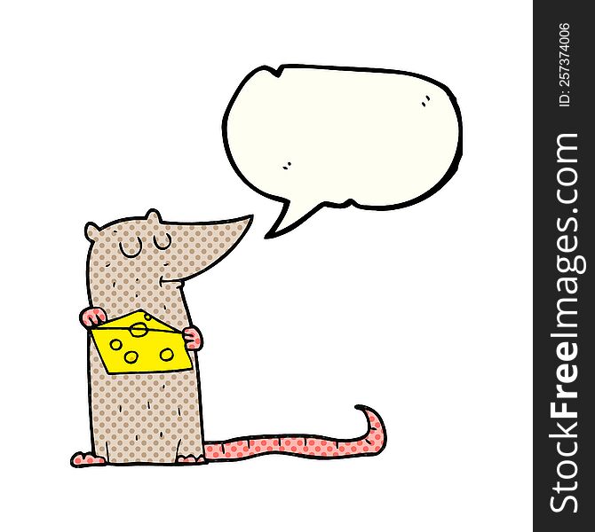 freehand drawn comic book speech bubble cartoon mouse with cheese