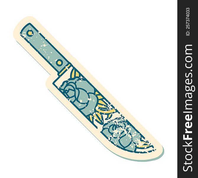 Distressed Sticker Tattoo Style Icon Of A Dagger And Flowers