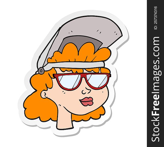 sticker of a cartoon woman with welding mask and glasses
