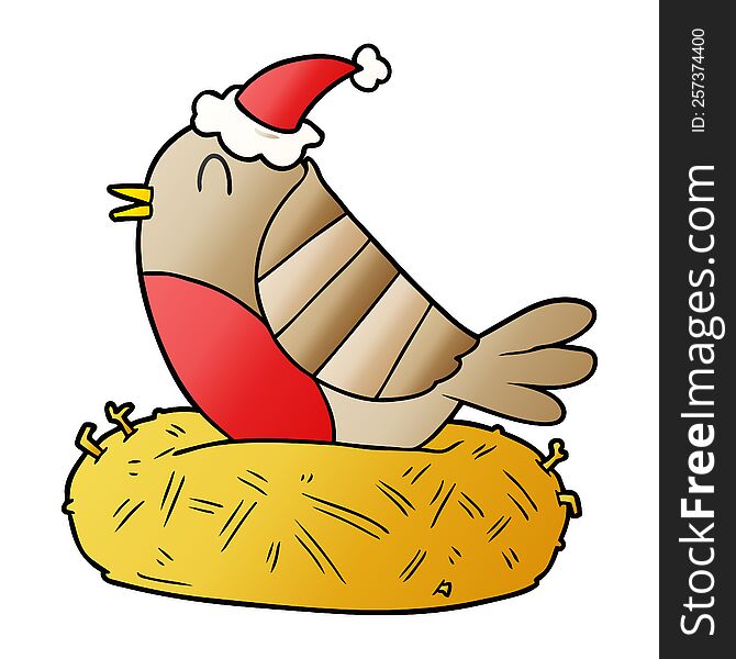 gradient cartoon of a bird sitting on nest wearing santa hat