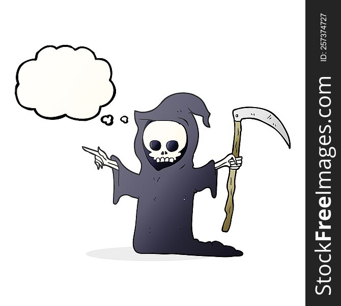 freehand drawn thought bubble cartoon death with scythe