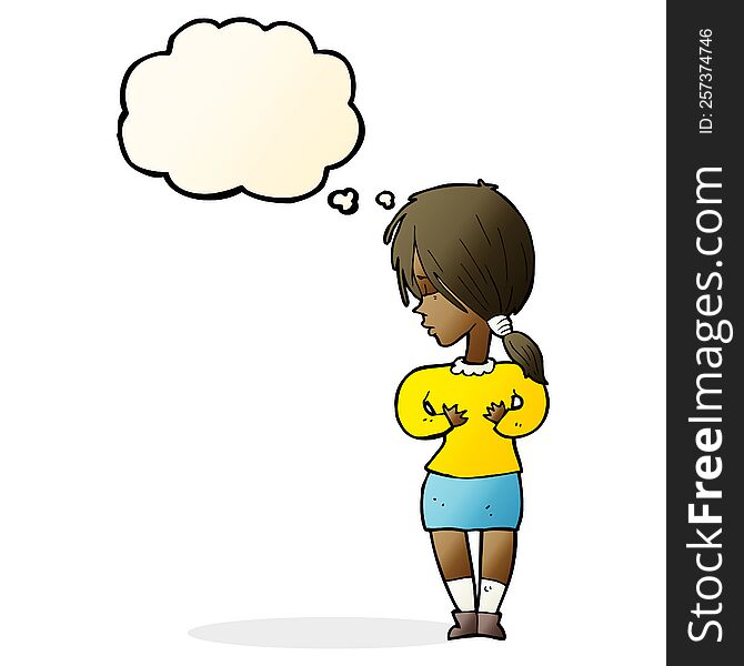 cartoon shy woman with thought bubble