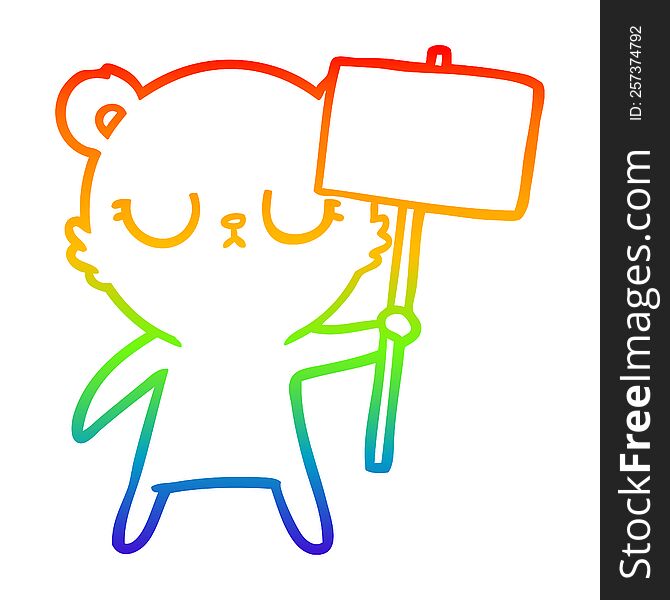 rainbow gradient line drawing of a peaceful cartoon bear cub with protest sign