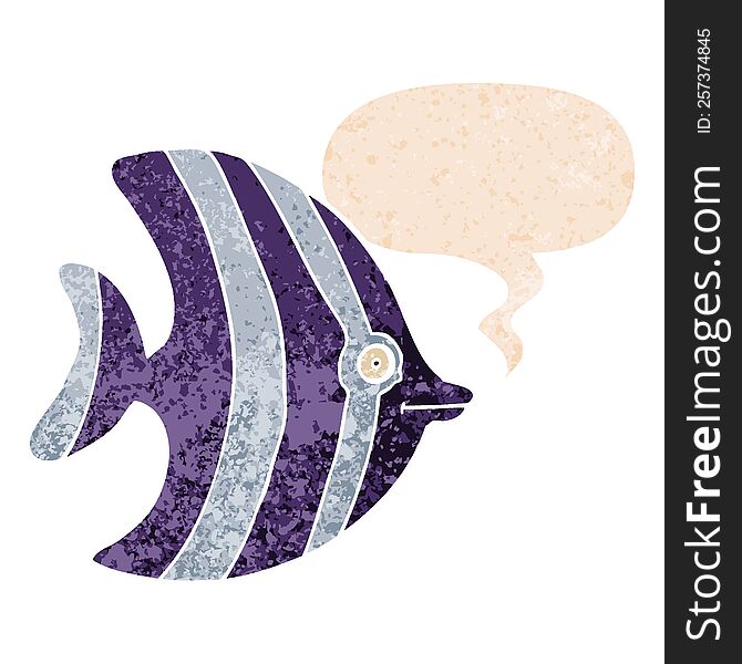 Cartoon Angel Fish And Speech Bubble In Retro Textured Style