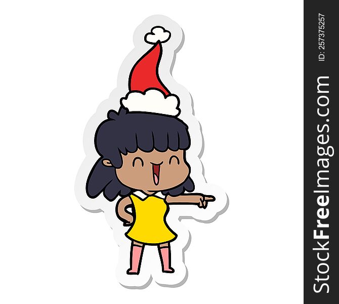 Sticker Cartoon Of A Happy Girl Wearing Santa Hat