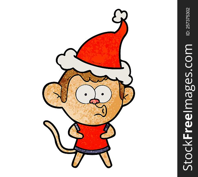 hand drawn textured cartoon of a surprised monkey wearing santa hat