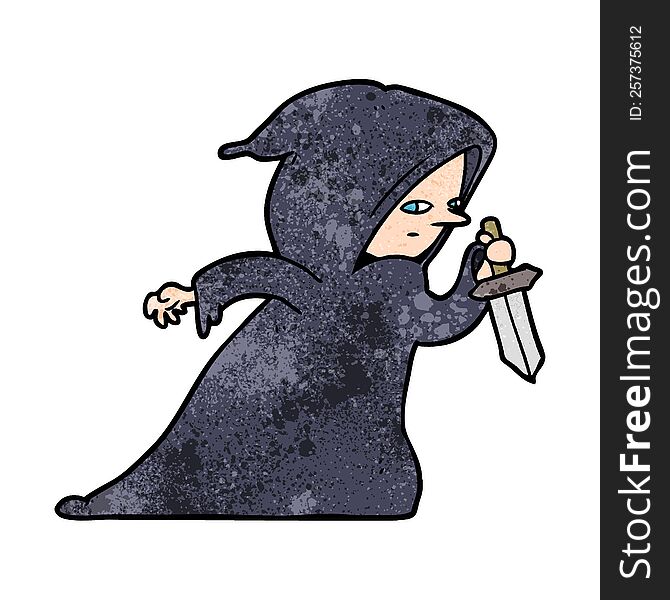 cartoon assassin in dark robe. cartoon assassin in dark robe