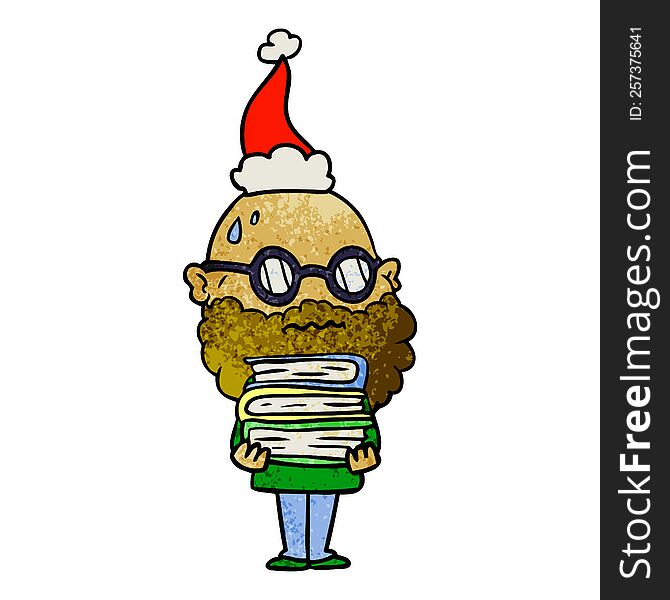 textured cartoon of a worried man with beard and stack of books wearing santa hat