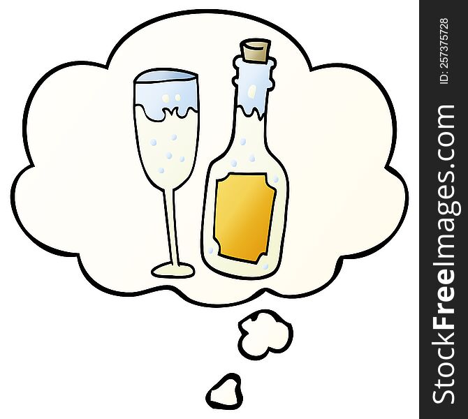 Cartoon Champagne Bottle And Glass And Thought Bubble In Smooth Gradient Style