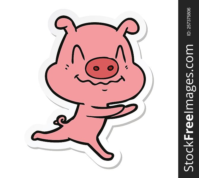 Sticker Of A Nervous Cartoon Pig Running