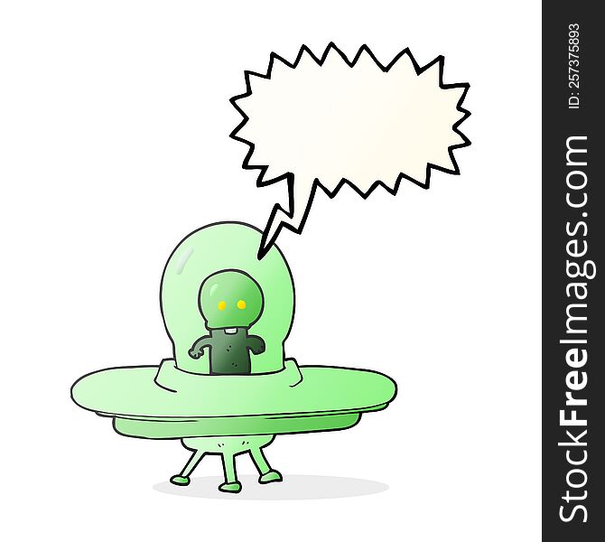 freehand drawn speech bubble cartoon alien in flying saucer