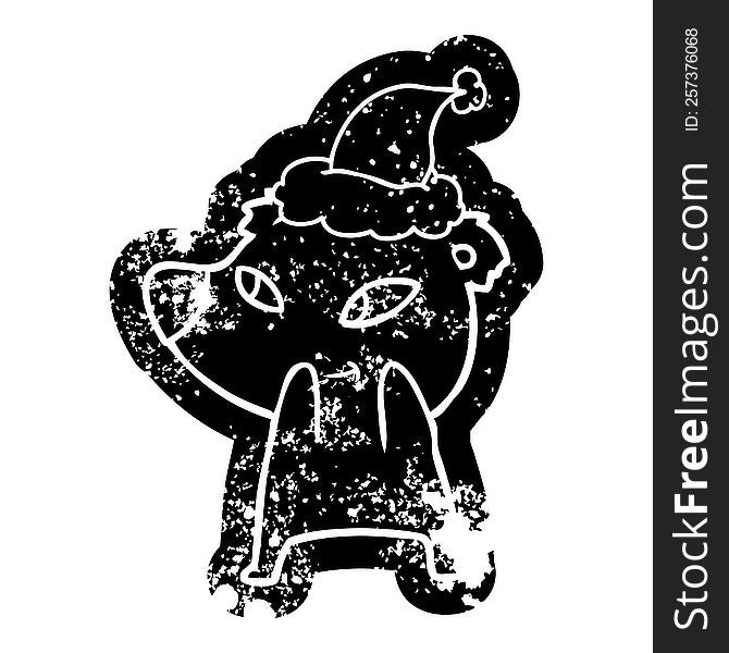 Cute Cartoon Distressed Icon Of A Bear Wearing Santa Hat
