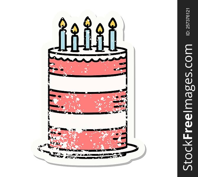 Traditional Distressed Sticker Tattoo Of A Birthday Cake