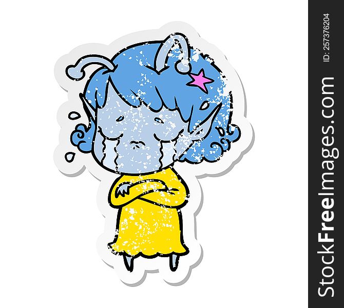 Distressed Sticker Of A Cartoon Crying Alien Girl