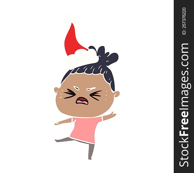 hand drawn flat color illustration of a angry woman wearing santa hat