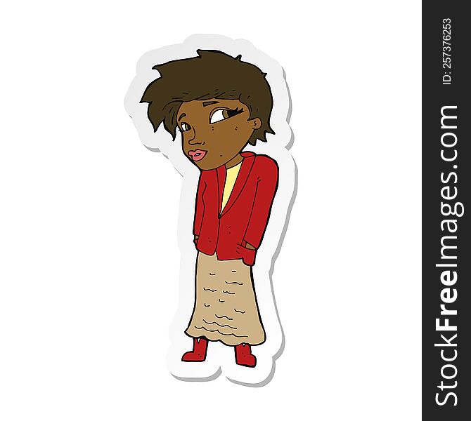 sticker of a cartoon woman with hands in pockets