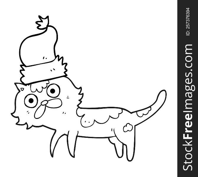 Black And White Cartoon Cat Wearing Christmas Hat